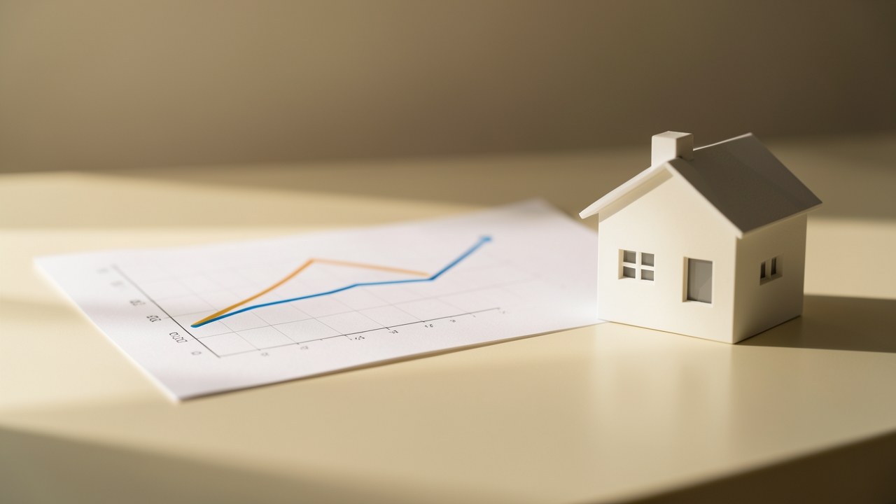 An elegant line chart on a clean desk, showing an upward trend with a small model house beside it.
