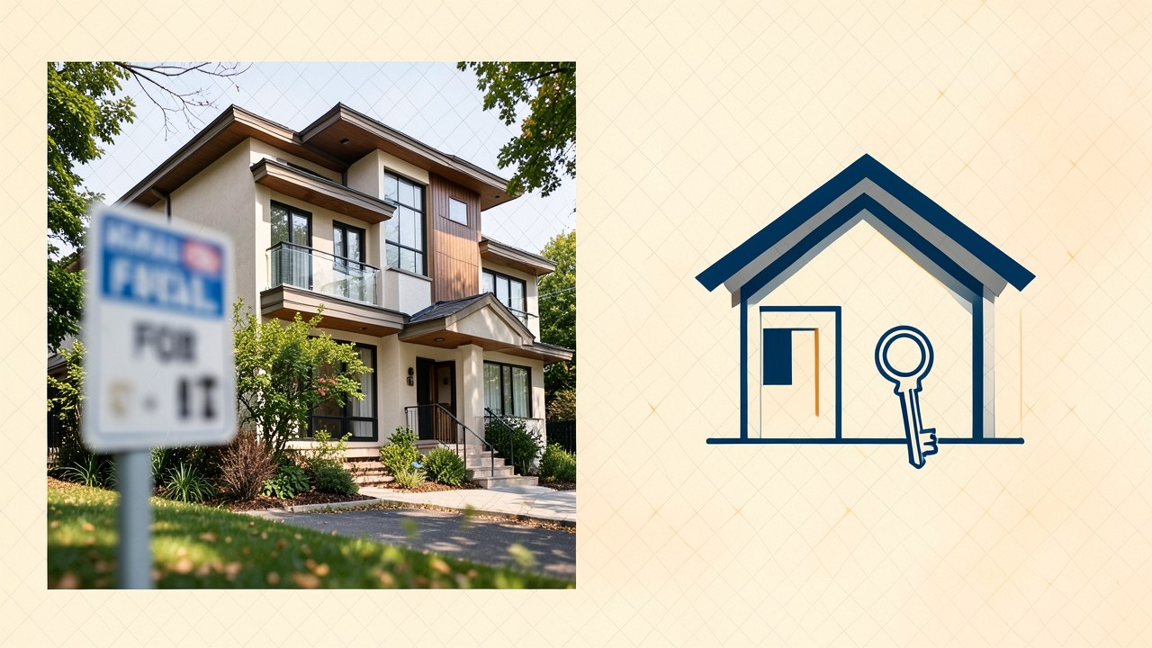 A modern townhouse with a ‘For Sale’ sign, next to a stylized illustration of a house and a key.