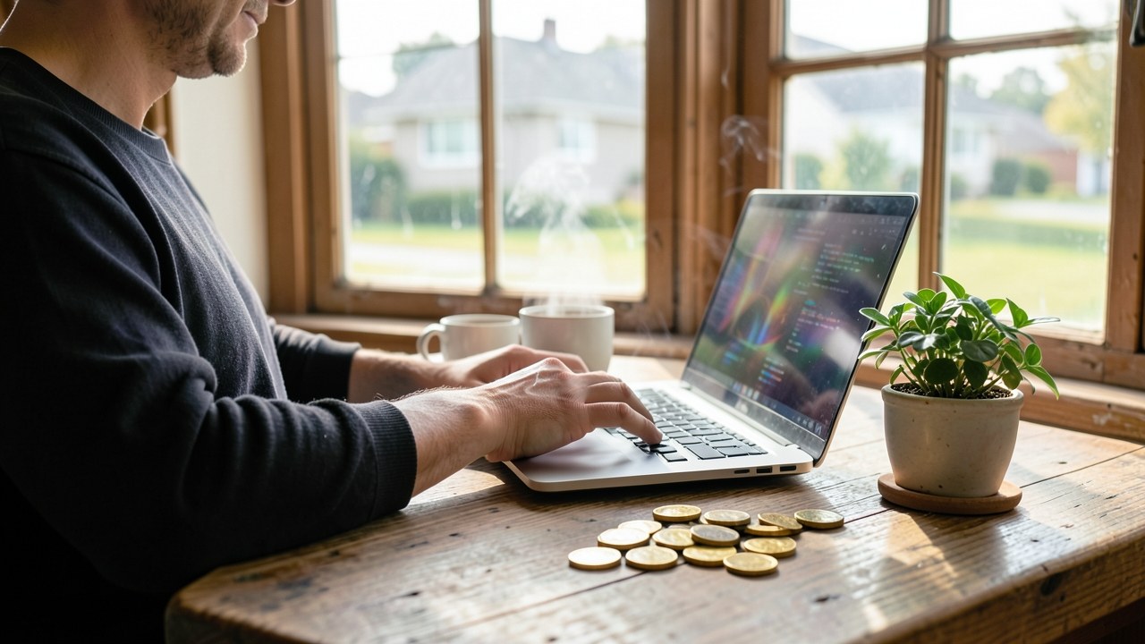 A person at a table with a laptop and a cup of coffee, with a window showing a house and a stack of coins in the foreground.