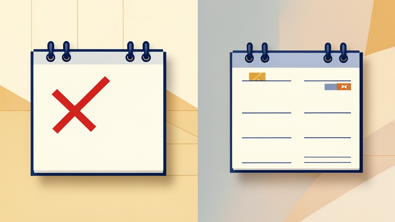 A split image: on the left a calendar with a red X on a distant year, on the right a calendar with a flag on a nearer year.