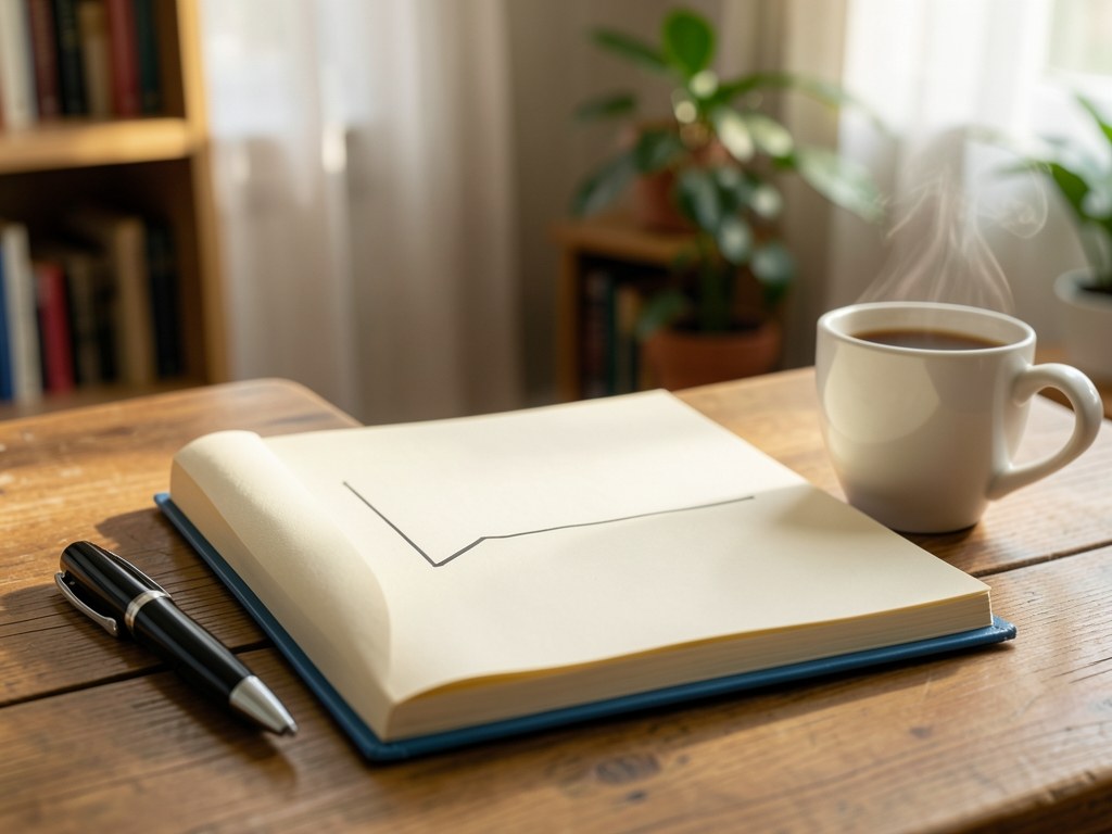 An open notebook with a handwritten-looking chart and a pen, next to a cup of coffee.