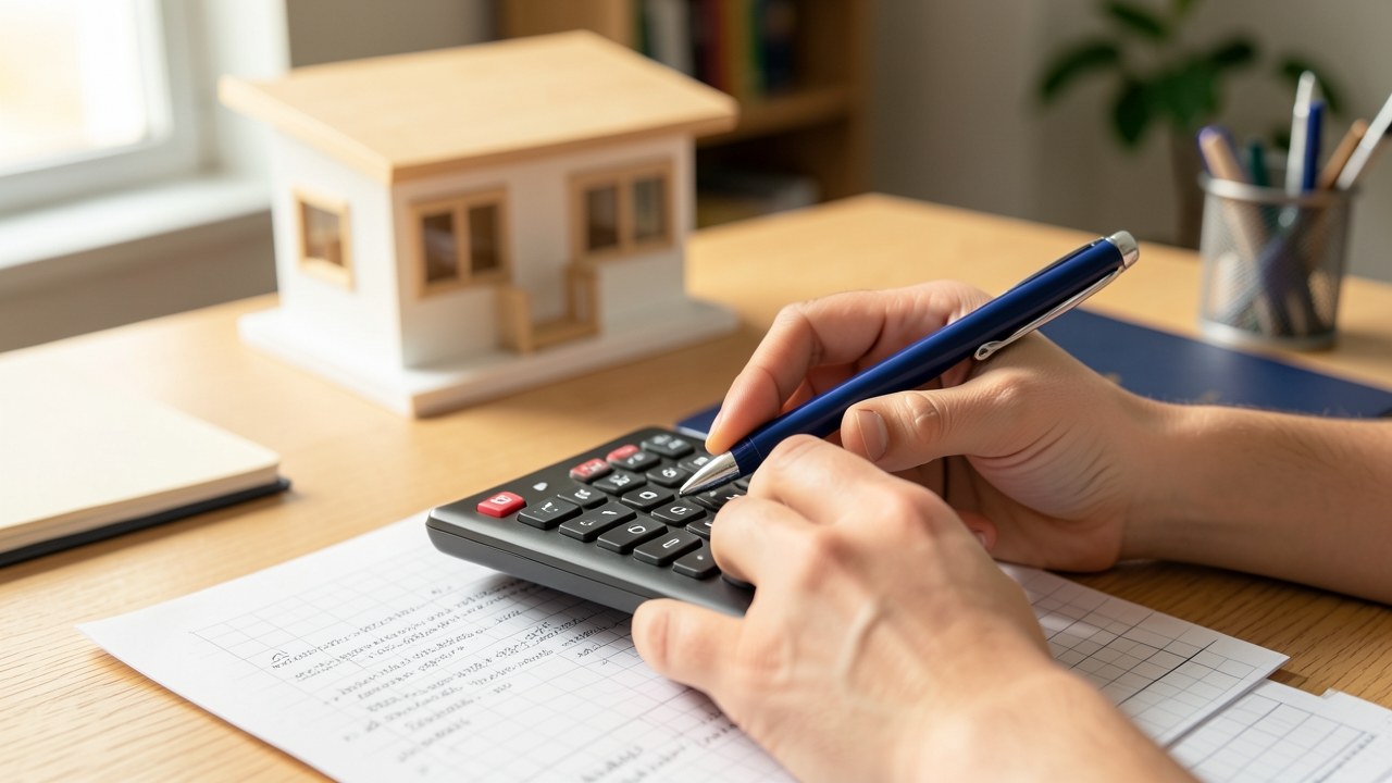 A person’s hands using a calculator and a pen over a loan document, with a house model in the background.