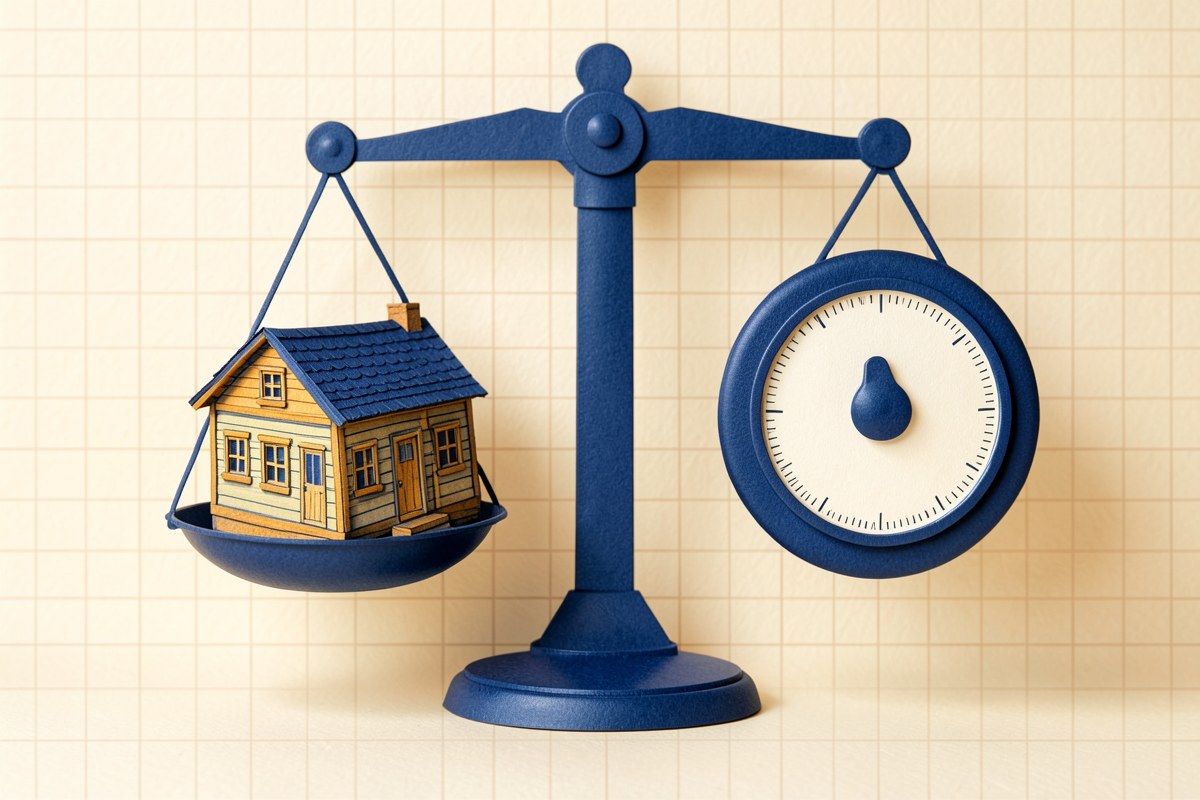 A balance scale with a house on the left side and a slider dial on the right side, in a clean illustration style.