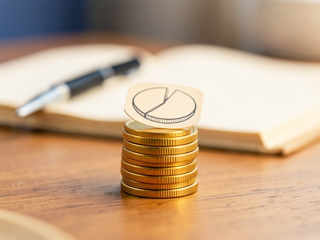 A stack of coins with a pie chart on top, on a desk with a pen and a notebook.