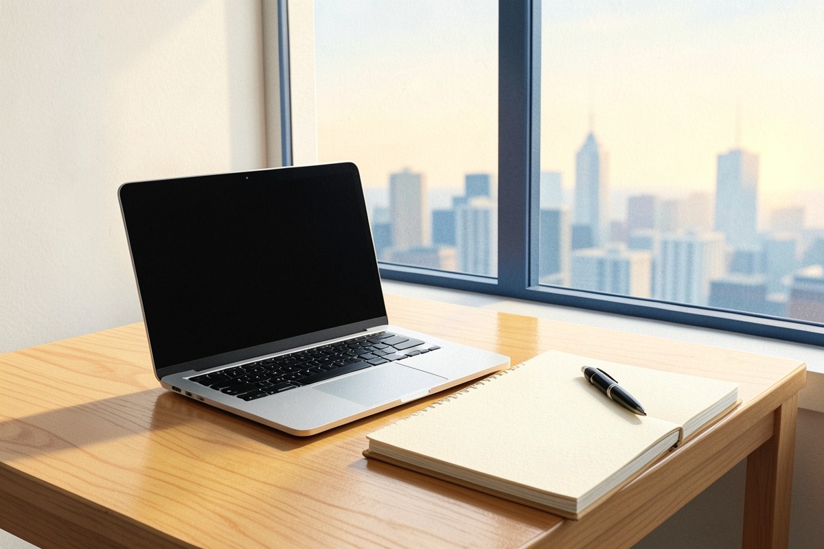 A clean office desk with a laptop, a notebook, and a pen, with a window showing a city skyline in soft focus.