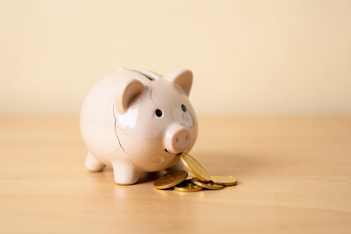 A piggy bank broken into pieces with coins spilling out, on a small table.