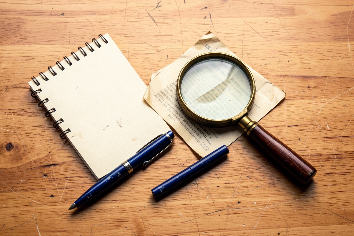 A notepad with a pen, a magnifying glass, and a small printed document, arranged on a desk.