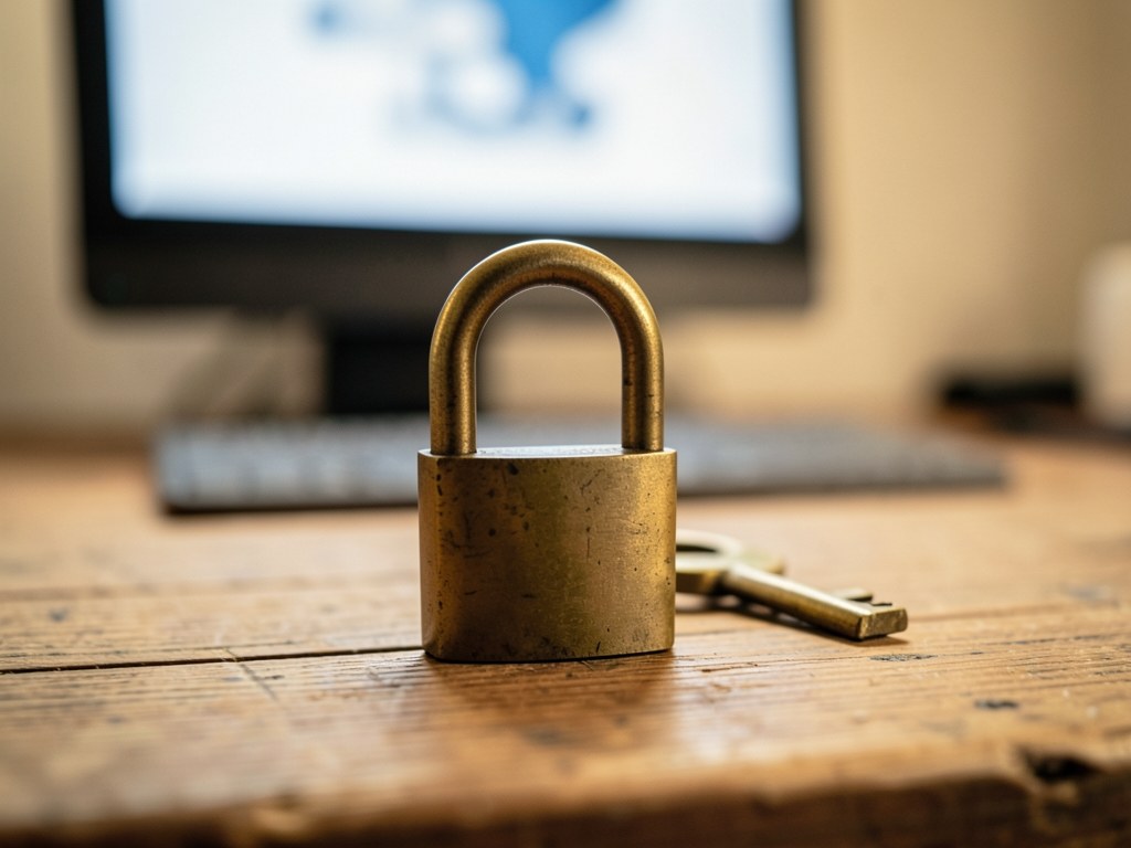 A padlock and a key on a desk, with a soft-focus computer screen in the background.