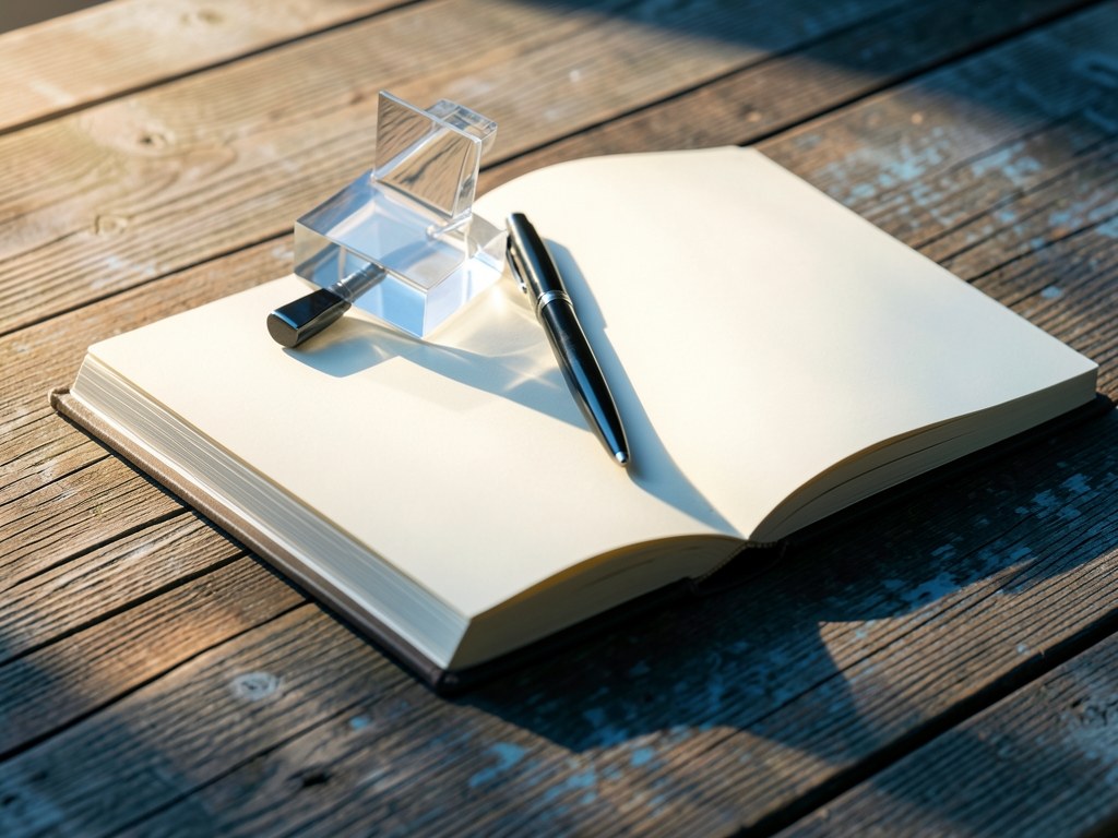 An open book with a pen and a paperweight on top, on a desk.
