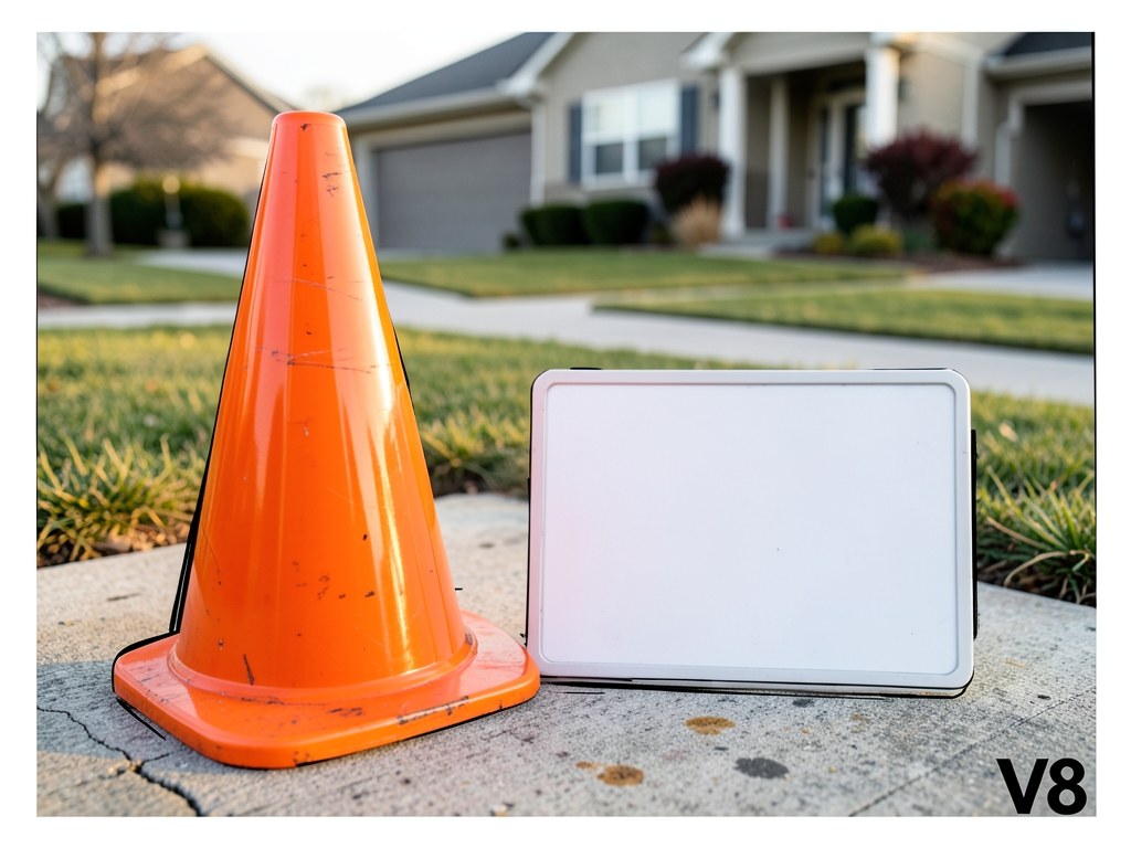 A warning cone and a small informational sign (blank) on a sidewalk, with a house in the background.